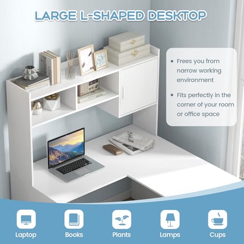 Tangkula L-Shaped Desk with Storage Hutch, Corner Computer Desk with Shelves & Cabinet, Modern Writing Study Table for Home Office, Laptop PC Workstation, White