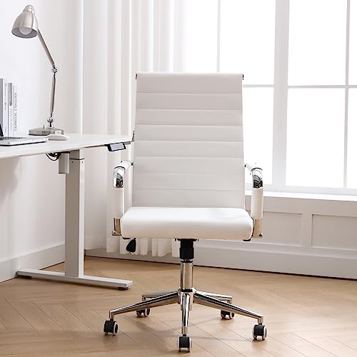 Home Office Chair Ribbed, Modern Leather Conference Room Chairs, Ergonomic Office Desk Chair, High Back Executive Computer Chair, Adjustable Swivel Chair with Arms (White) - color: Pure White