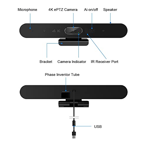Conference Room Camera, All-in-One 4K Webcam with Microphone and Speaker, AI Tracking and Auto Framing, Wide Angle of View, Plug and Play USB Webcam for PC, Mac, Meetings, Teams, Zoom & Webex - color: Black