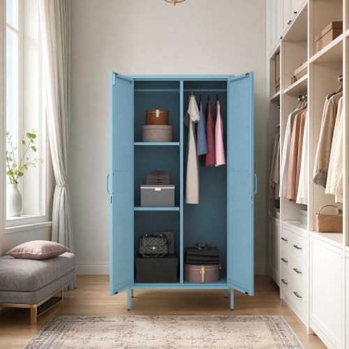 Lockable Metal Wardrobe Closet with Hanging Rod and 3 Adjustable Shelves,67" Metal Storage Cabinet with 2 Doors,Steel Armoire Wardrobe Closet for Bedroom Living Room Cloak Room (Blue) - color: Blue, style: 67"H-Wardrobe-DY