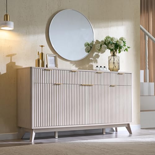 T4TREAM 60 Inch Fluted Buffet Sideboard Cabinet, White Alder | Modern Coffee Bar Storage Cabinet With 3 Drawers & 4 Doors, for Dining Room, Living Room, Hallway, Adjustable shelves - color: White Alder
