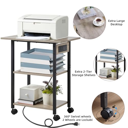 Lerliuo 3-Tier Printer Stand with Charging Station, Rolling Printer Table - color: Oak, size: 3-Tier with Charger