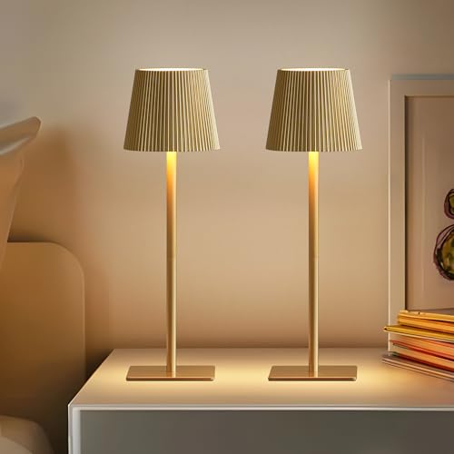 LUTEC 2 Pack Cordless Table Lamp,6000mAh Rechargeable Battery Operated Desk Lamp,Two Adjustable Heights,Waterproof, Touch Control & 3 Color Stepless Dimming for Restaurant/Bedroom/Bars/Outdoor (Gold) - color: Gold
