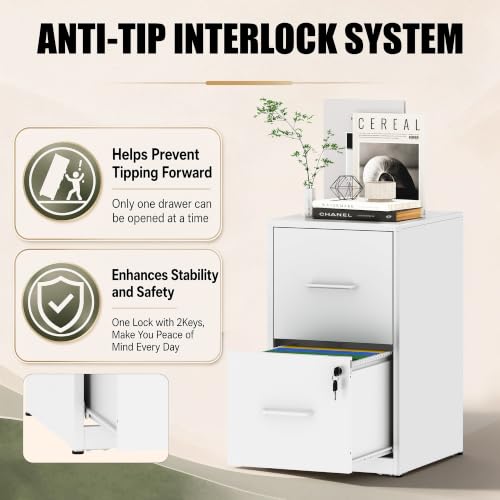 2 Drawer File Cabinet with Lock, 25.6" H Small File Cabinet - color: White, size: 25.6"H - 2 Drawer