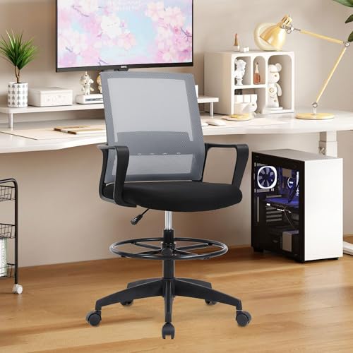 BestOffice Drafting Chair Tall Office Chair Adjustable Swivel Rolling Mesh Height with Lumbar Support Arms Footrest Mid Back for Adults Standing Desk Drafting Stool (Ashy) - color: Ashy