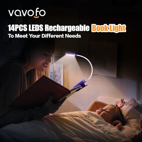 VAVOFO Rechargeable Book Light, 14 LEDs Eye Care Clip On Amber Reading Light for Bookworms Reading in Bed with 9 Colors 9 Brightness (Dark Purple) - color: Dark Purple