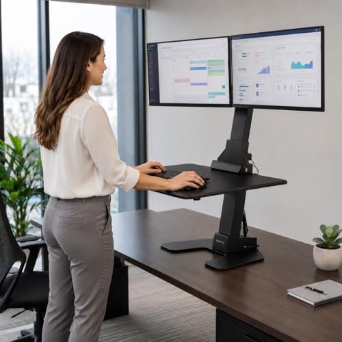 Mount-It! Dual Monitor Electric Standing Desk Converter, Sit-Stand Riser | Stand up desk riser holds 2 screens up to 32" on VESA mount arms; height-adjustable 28" desktop for home, office & school - color: Black, size: Dual Monitor