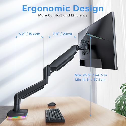 RGB Single Monitor Stand, Gas Spring Monitor Arm with 3 USB Ports, Charging and USB Data Transfer Function, Desk Mount for 13"-32" Monitors up to 19.8lbs, Adjustable Height, Tilt, Swivel, Rotate