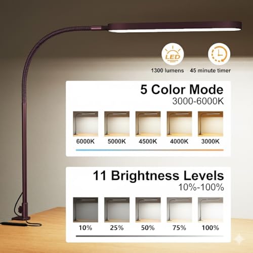 SKYLEO LED Desk Lamp - Desk Light for Home Office - Flexible Gooseneck - 5 Color Modes X 11 Brightness Levels - 1300LM - Timmer & Memory Function - 12W Clip on Light - Red - style: Red gooseneck