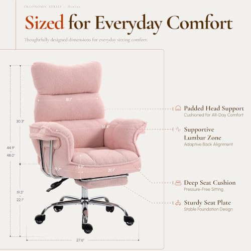 Dowinx Big and Tall Office Chair with Footrest, Ergonomic High Back Reclining Design, Wide Seat, Thick Cushion, Wide Armrests, Teddy Fleece Criss Cross Desk Chair, Light Pink - color: Light Pink