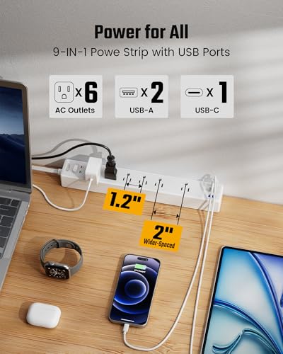 SUPERDANNY 6Ft Thin Extension Cord, Flat Plug Surge Protector Power Strip | Charging Station with 6 Outlets & 3 USB Ports, Wall Mountable Outlet Extender for Home, Office, College Dorm Room Essentials - color: White, size: 6FT