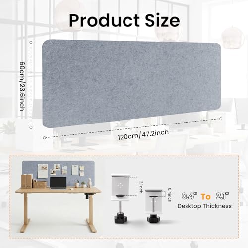 Felt Desk Divider, Clamp-On Privacy Panel, 24 x 48 Inch, Light Gray - color: Light Gray, size: 24×48 in