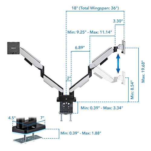 Mount-It! Heavy Duty Dual Monitor Arm up to 35 in. 44 lbs Screens, RGB Lights, 75x75 100x100 VESA Desk Mount for 2 Widescreen Curved Monitors 27 32 34 35 inches, Gas Spring, Clamp, Grommet, RGB Lights