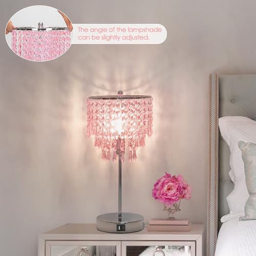 Touch Bedside Lamp with USB C+A Ports, Silver with Pink Crystal Shade - color: Pink