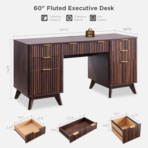 T4TREAM 60-Inch Modern Fluted Executive Desk with Drawers, Dark Walnut | Charging Station, File Cabinet, Keyboard Tray, Storage Cabinet, Organized Workspace for Home, Office - color: Dark Walnut