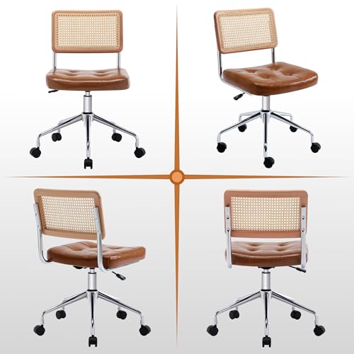 Zesthouse Leather Office Desk Chair with Wheels, Mid Century Rolling Desk Chair with Natural Rattan Back, Modern Swivel Home Office Chair, Small Height Adjustable Computer Task Chair, Brown - color: Brown, size: Armless