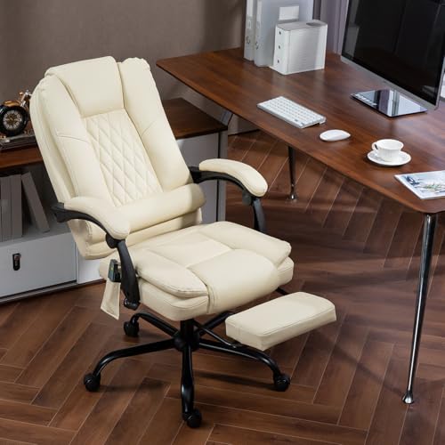 ECOTOUGE Ergonomic Comfy Desk Chair, High Back Computer Chair, Beige | 6-Point Heated Massage Office Chair with Footrest, Executive High Back PU Leather Computer Chair with Armrest & Reclining - color: Beige