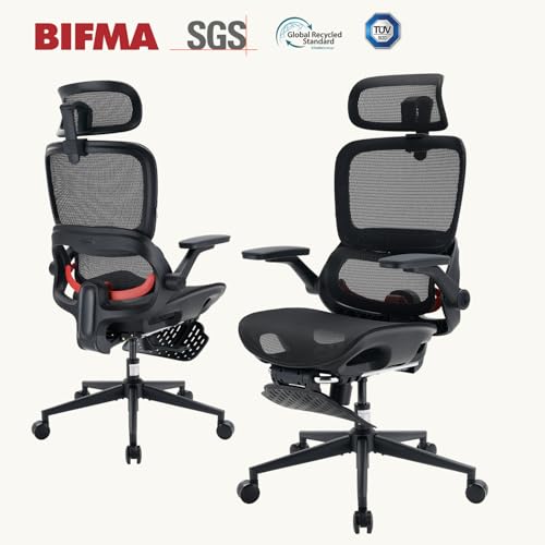 SIHOO B100 PRO Ergonomic Office Chair with Footrest, Mesh Office Chair with Adaptive Lumbar Support, Computer Chair with Wide Headrest, Desk Chair with 360° Rotatable Flip-Up Armrests, Black - color: Ebony