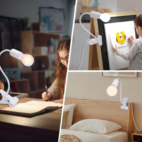 Desk Clip Lamp Holder, 240CM Cord Clip Desk Lamp Socket E26 E27 Clamp Light Socket with 9mm Thick Metal Tube Clip Reading Lamp for Office Clip On Grow Lights for Home Lighting, White(No Bulb)