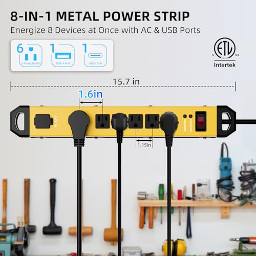 Heavy Duty Metal Power Strip Surge Protector 2100J, 6 Outlets & 2 USB, 15A Circuit Breaker, 6ft Power Cord, 360° Rotating Flat Plug, Wall Mountable for Garage Workshop Industrial, ETL Listed, Yellow - color: golden
