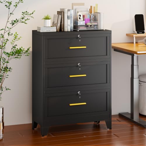 Metal Lateral File Cabinet with Lock,3 Drawer Steel Wide Filing Organization Storage Cabinets,Office Filing Cabinet for Letter/A4/F4 Size Lockable Cabinets for Home Office - color: Black, size: 3Drawer
