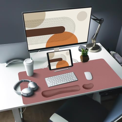 Bloss Dark Red Desk Mat, Large Mouse Pad, Non-Slip Desk Protector Mat, Leather Desk Blotter, Waterproof Desk Pad for Make Up Desk/31.5×15.7 Inch - color: Dark Red-wrist Rest, size: 31.5" x 15.7"