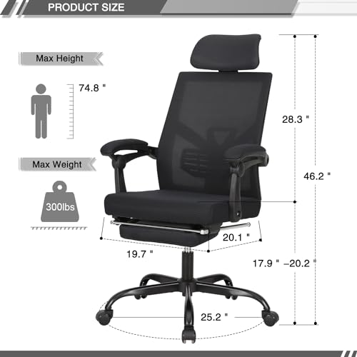 Qulomvs Mesh Ergonomic Office Chair with Footrest Home Office Desk Chair with Headrest and Backrest 90-135 Adjustable Computer Executive Desk Chair with Wheels 360 Swivel Task Chair - color: Black With Footrest