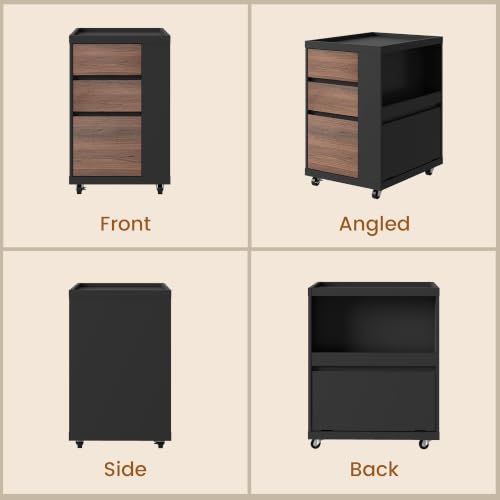 Mobile File Cabinet Under Desk with 3 Drawer, Office Storage Cabinet | Rolling Wood Printer Stand w/ Unique Side Shelf for Binders, Large Capacity Organizer for Home Office