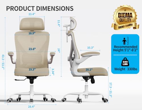 Ergonomic Office Chair: Mesh Desk Chair Comfy with Headrest& Lumbar Support | Ergalithic Big and Tall Office Chairs with Wheels & Flip-Up Arms-Computer Gaming Chairs for Adults Home Office Chairs(Beige) - color: White Beige, size: Pack of 1