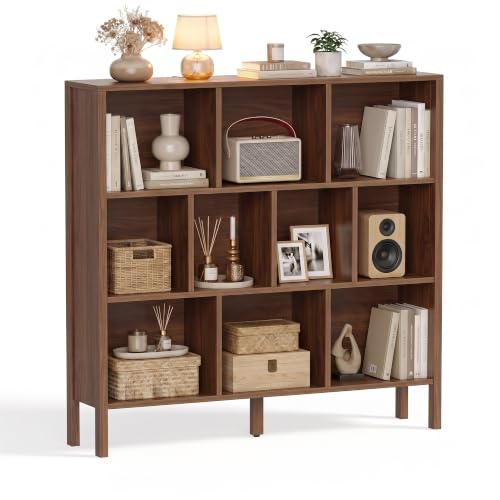 KIGOTY 10 Cube Modern Bookcase, 3-Tier Open Storage Organizer, Freestanding Bookshelf with Legs, Narrow Bookcase for Living Room, Bedroom & Office (Brown) - color: Brown