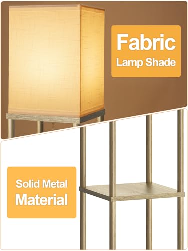 Floor Lamp with Shelves for Living Room Natural Wood, Shelf Floor Lamp with 3 CCT LED Bulb, Corner Display Standing Column Lamp Etagere Organizer Tower Nightstand with White Linen Shade for Bedroom - color: Natural Wood