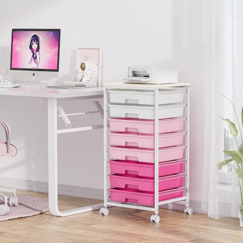 SYKIARIOL Rolling Cart with Drawers,Utility Cart with 8 Drawers,Rose Pink - color: Rose Pink