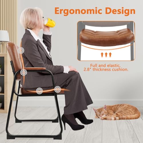 CLATINA Big Tall 400 lbs Waiting Room Chairs with Padded Arms Leather Guest Chair no Wheels for Office Reception Lobby and Conference Desk with Sled Base, Brown, 2PK - color: Brown, size: 2PK