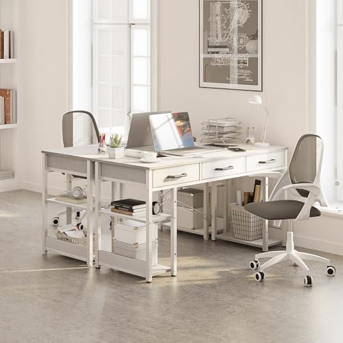 ODK Office Small Computer Desk: Home Table with Fabric Drawers & Storage Shelves, Modern Writing Desk, White, 48"x16" - color: White