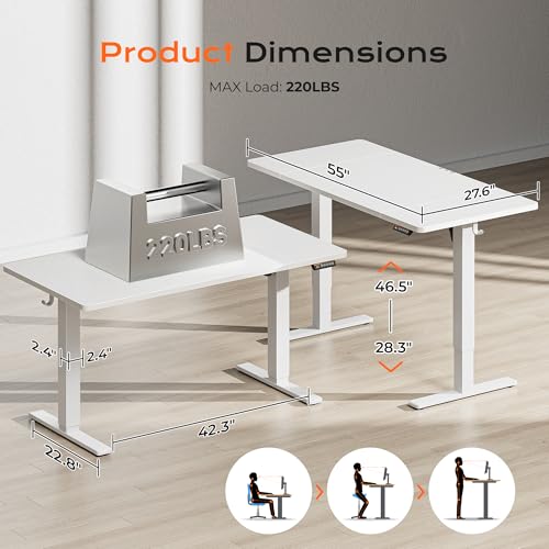 Huuger 55 x 28 Large Electric Standing Desk, Height Adjustable Copmuter Desk, 27.6" Deep Desktop, Stand up Gaming Office Table with 2 Hooks, 3 Preset Heights, for Home Office, White - color: White, size: 55*28 inch (no outlets)
