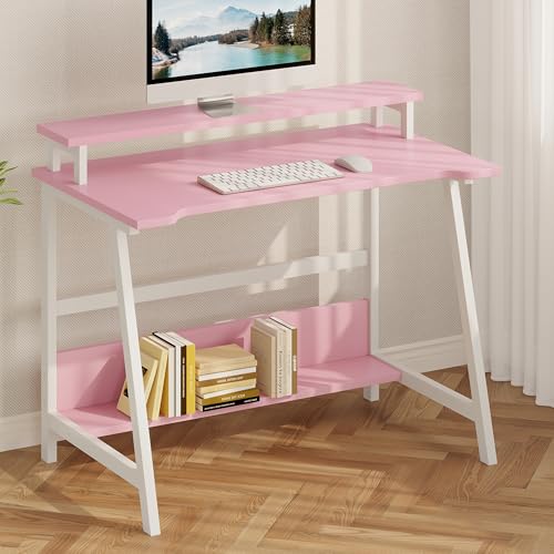 ALISENED 31.5 Inch Small Office Desk with Storage, Small Desk for Small Spaces, Compact Home Office Desk, Mini Study Desk for Bedroom, Pink