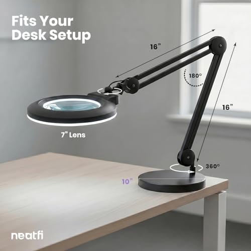 Neatfi XL LED Magnifying Lamp, Hands-Free, Dimmable, Crafts, Reading, Close Work (Black, Non-CCT with Base) - color: Black, size: 7-inch Lens, Non-CCT with Base