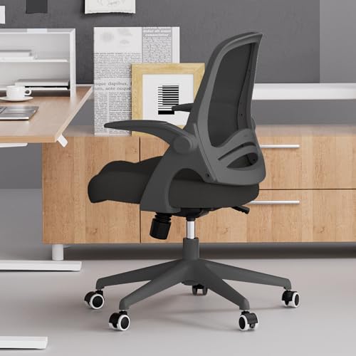 Hbada Office Desk Chair with Flip-Up Armrests and Saddle Cushion, Ergonomic Office Chair with S-Shaped Backrest, Swivel, Mesh, Black - color: Black