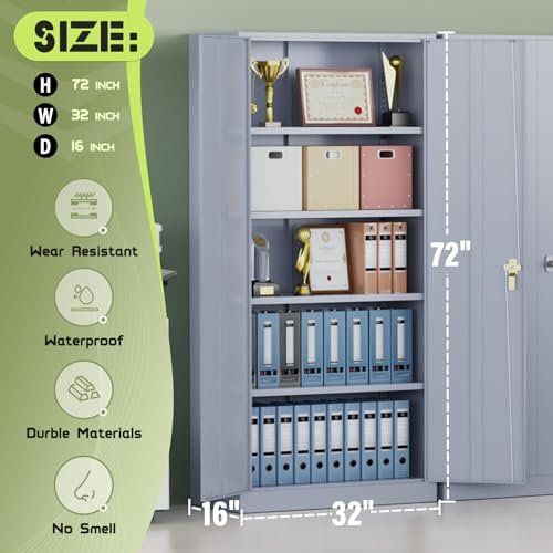 SUNCROWN Metal Storage Cabinet, 72" Locking Steel Garage Cabinets With 2 Door and 4 Adjustable Shelves, Tall Tool Cabinet for Home Office, School, Dark Grey - color: Grey, size: 72"H x 32"W x 16"D