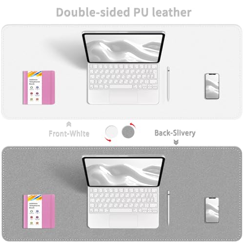 Dual-Sided Desk Mat, Large Pad, Waterproof Smooth PU Leather Blotter Protector, Mouse Pad, Desk Organizers, Office/Home Table Decor for Reading and Writing (White+Slivery, 47.2''23.6'') - color: White+slivery, size: 47.2" x 23.6"