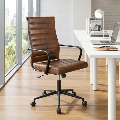 Okeysen Genuine Leather Office Desk Chair, Mid-Century Modern Real Leather Conference Room Chairs, Ergonomic Executive Ribbed Height Adjustable Swivel Rolling Chair for Home Office. - color: Genuine Brown