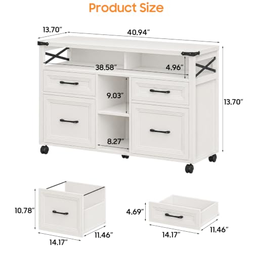 Halitaa Farmhouse Filing Cabinet with Adjustable Shelf & Wheels, White - color: Cream White, size: 4 Drawers&Wheels