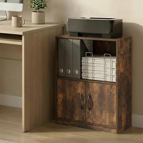 Furinno Gruen Book Shelf, 2-Tier Small Bookshelf, Bookcase with Open Shelf and Doors Storage Cabinet, 9.3 x 21.8 x 27, for Organization and Storage, for Living Room, Bedroom, Home Office, Amber Pine - color: Amber Pine, size: 2-Tier with Cabinet