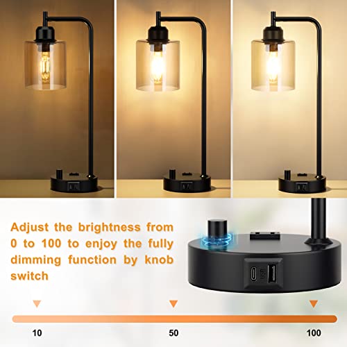 Industrial Bedside Desk Lamps for Bedroom - Grey Smoked Glass Shade Table Lamp with USB C Port, Fully Dimmable Small Lamps with USB Port and Outlet, Reading Nightstand Lamps for Office Living Room - color: Gray