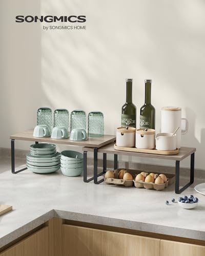 SONGMICS Cabinet Organizer Shelf, Set of 2 Spice Rack, Kitchen Storage | Kitchen Counter Storage Spice Rack, Particleboard, Steel, Heather Greige and Matte Black, BYSTRO Collection UKCS200X02 - color: Ink Black + Heather Greige, size: 15.6"w