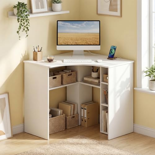 Tangkula Compact Corner Desk, Space Saving Study Table, White - color: White, size: 32"D x 32"W x 29.5"H