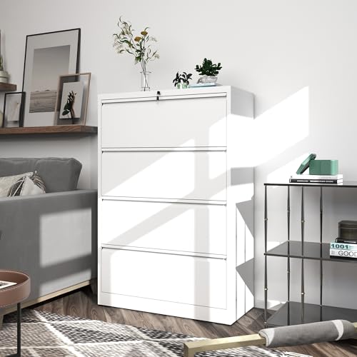 4 Drawer File Cabinet with Lock, Metal Lateral Filing Cabinets - color: White, size: 4 Drawer_ 35"W