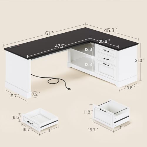 SEDETA Farmhouse 61" Executive L Shaped Desk with Drawers for Home Office - color: White and Black, size: L Shaped Desk