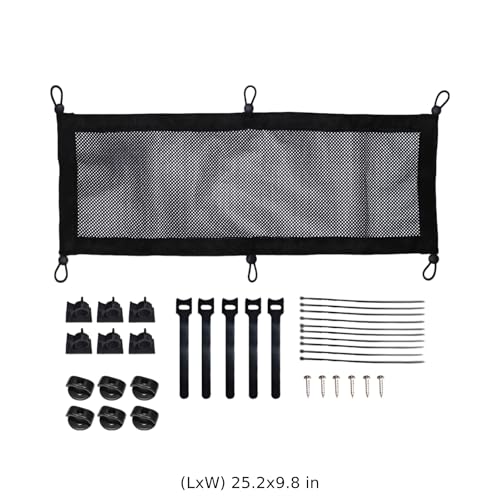 Under Desk Cable Management Net, Black Polyester Storage Pouch for Power Strips, Hidden Wire Organizer with Adhesive Mount, Cord Clip Accessories for Desktop Tidy Up, 25.2 x 9.8 in
