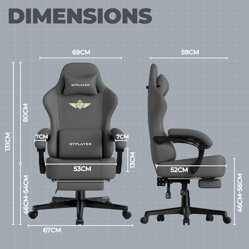 GTPLAYER Gaming Chair with Pocket Spring Cushion, Big and Tall Gamings Chairs 350LBS High Back Computer Chair with Footrest for Adults Lumbar Support Swivel Game Chair for Office, Leather Grey - color: Grey
